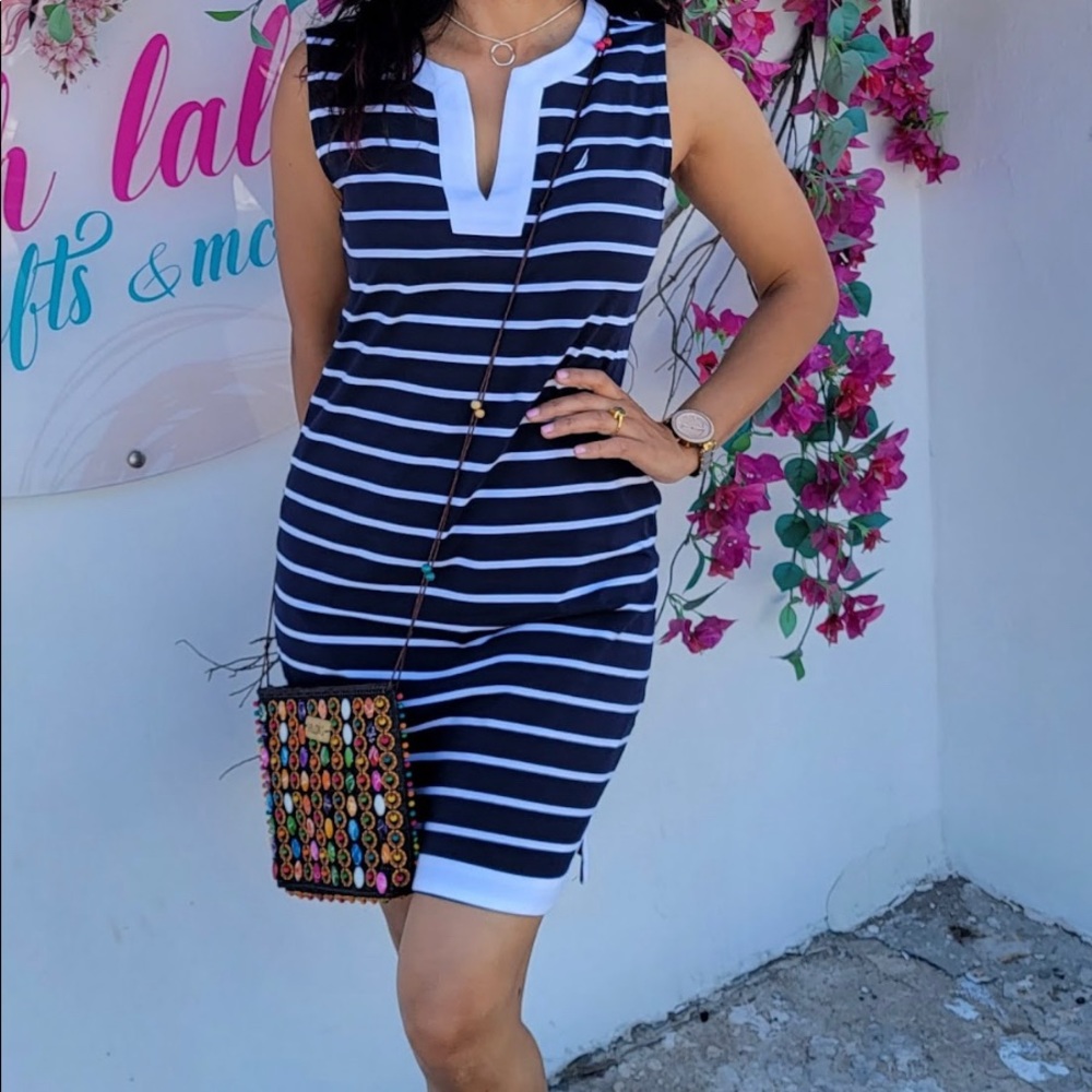 Nautica Women's Breton Stripes Sleeveless V-Neck Stretch Cotton Polo Dress.